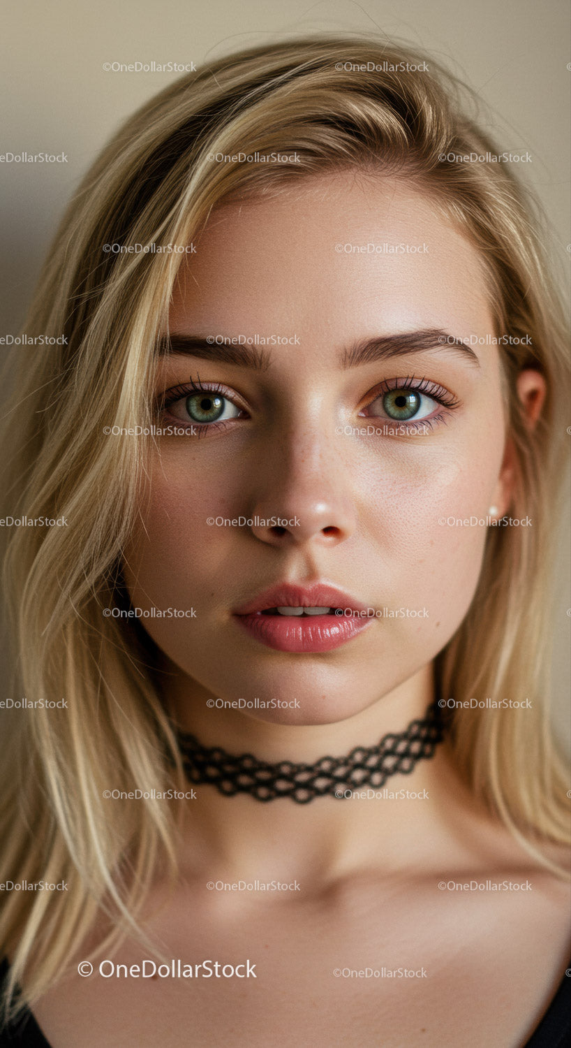 Portret młodej kobiety z blond włosami i niebieskimi oczami