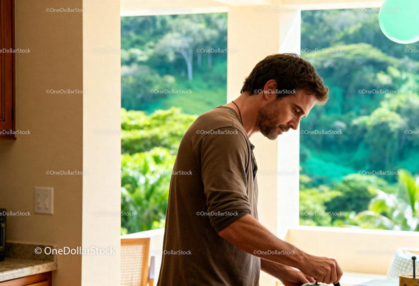 Man focused on cooking in bright modern kitchen