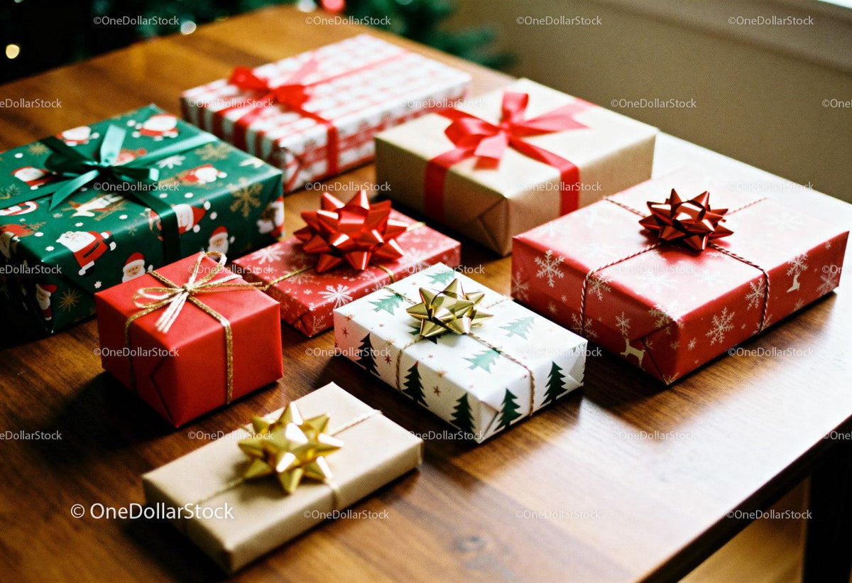 Collection of Festive Wrapped Christmas Gifts on Wood