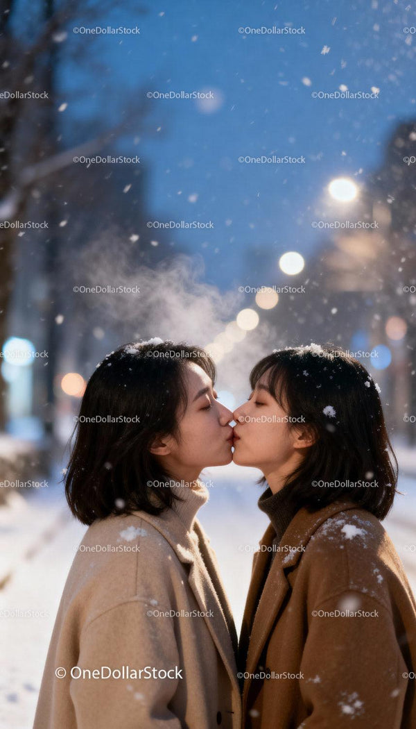 Young couple sharing a tender kiss on snowy winter evening