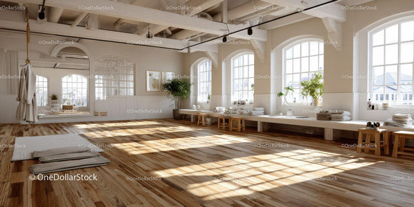 Bright Spacious Yoga Studio with Sunlit Wooden Floor and Plants