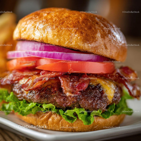 Soczysty burger wołowy z boczkiem, pomidorem, cebulą i sałatą na bułce