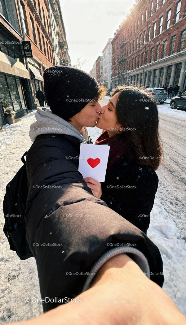 Young Couple Sharing a Kiss Holding Love Card Outdoors