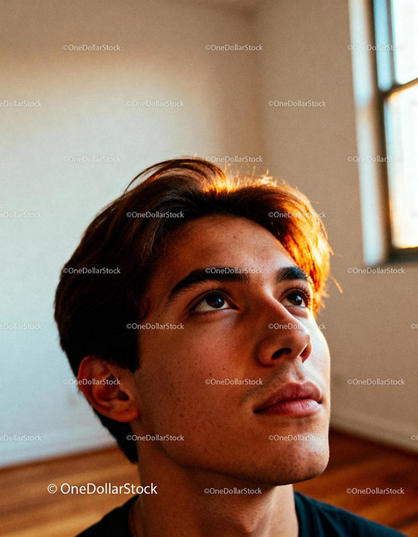 Young man looking thoughtfully towards the light