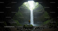 Mysterious Waterfall in Enchanted Cave Surrounded by Lush Forest