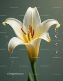 Close-up of White Lily Bloom with Vibrant Stamens and Green Stem