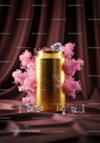 Golden beverage can with ice cubes and pink smoke