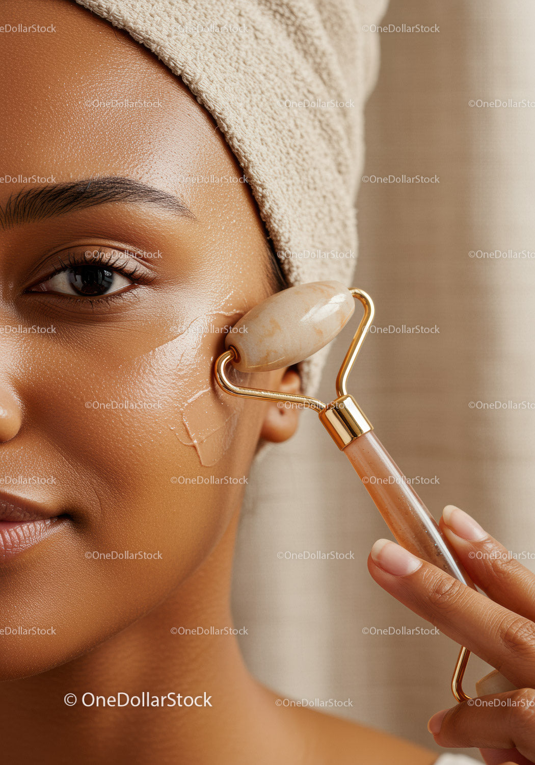 Woman Using Jade Roller for Facial Skincare Routine