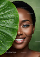 Smiling African American Woman with Green Leaf and Bright Blue Eyes
