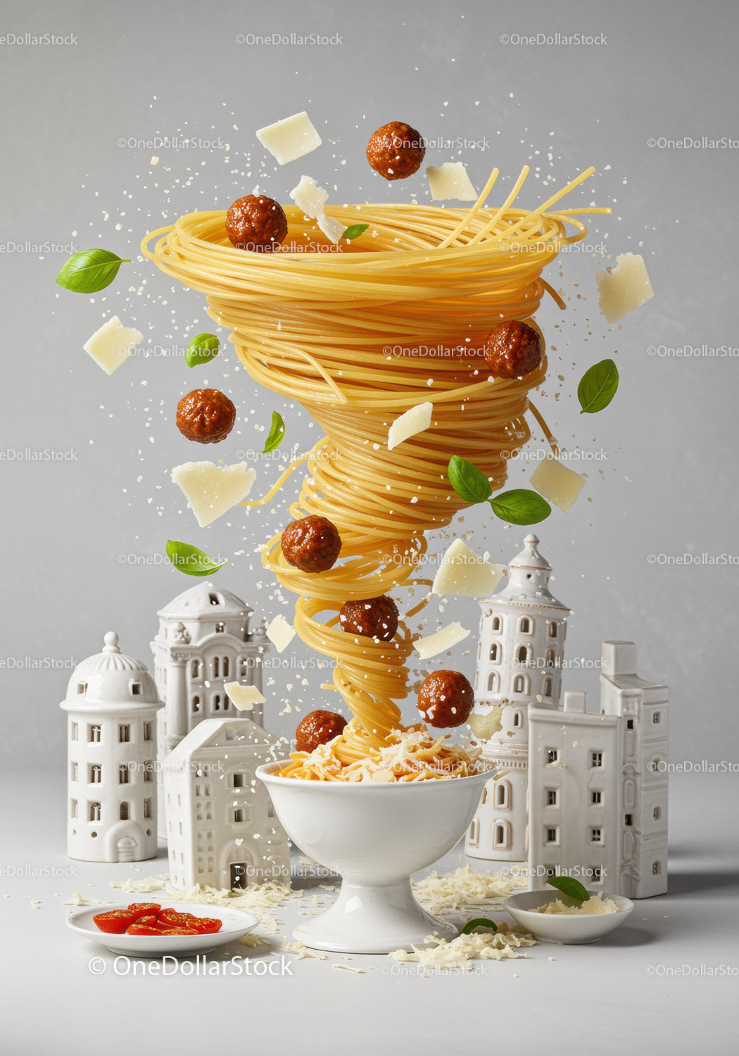 Spiral of Spaghetti with Meatballs and Cheese in Bowl