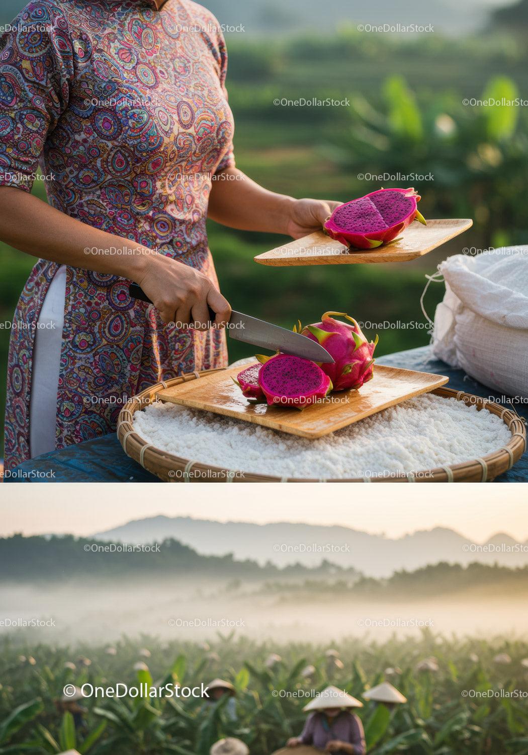Woman slicing vibrant dragon fruit in morning field