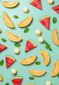 Fresh melon and watermelon slices with mint leaves
