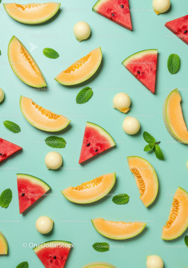 Fresh melon and watermelon slices with mint leaves