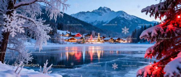 Winter Village by Frozen Lake with Festive Lights