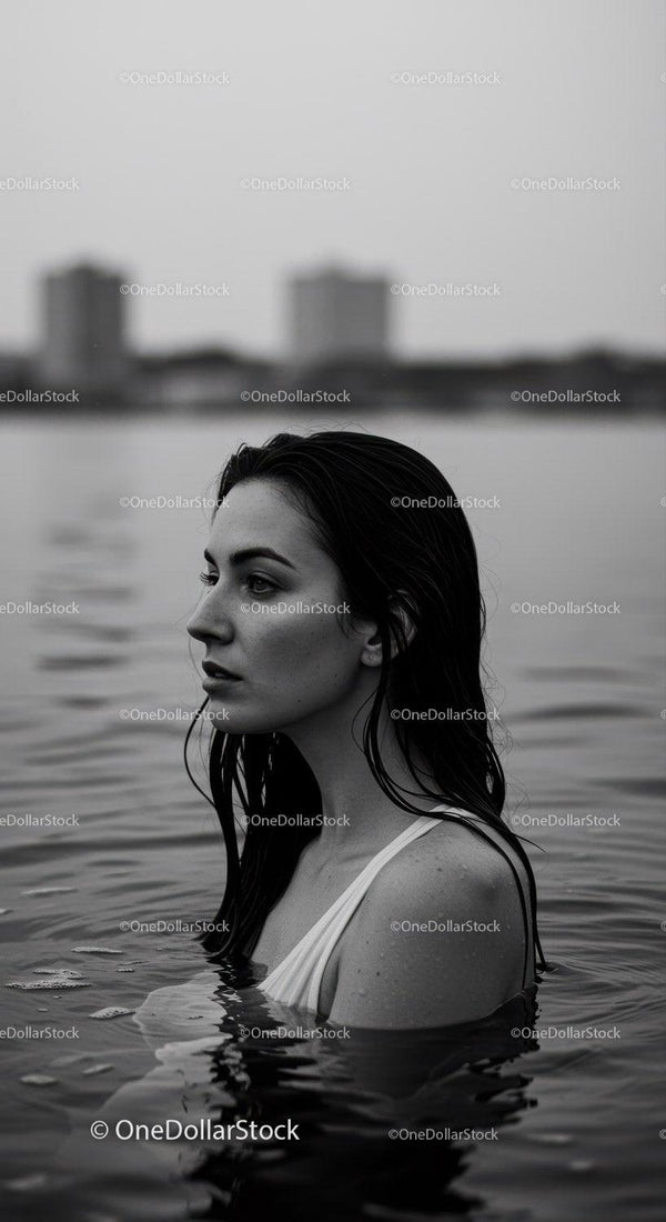 Black and White Portrait of Woman in Water with City Skyline in Background