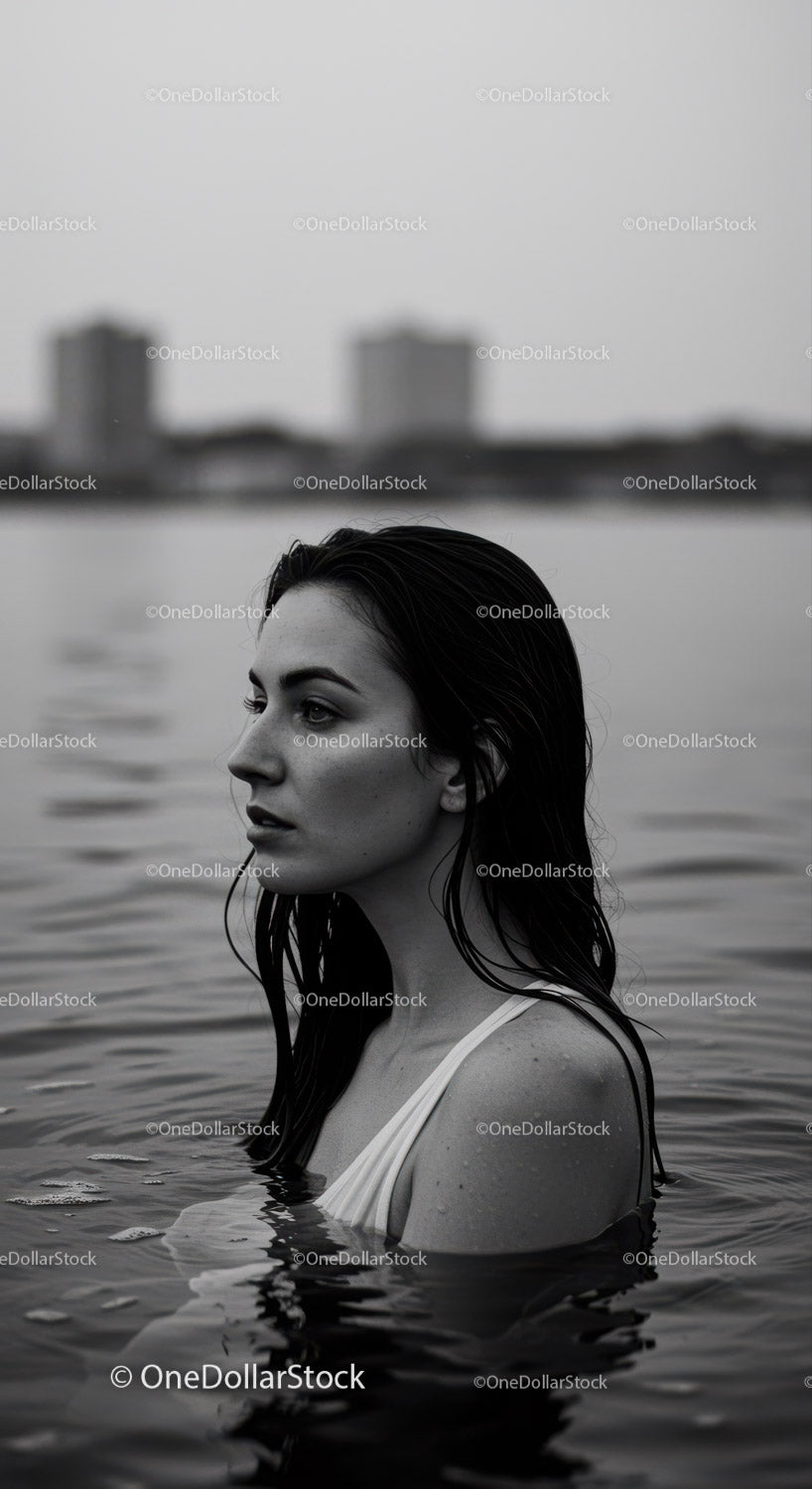 Czarno-biały portret kobiety w wodzie z panoramą miasta w tle