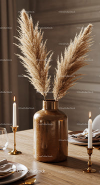 Elegant Home Decor with Gold Vase and Pampas Grass on Modern Table