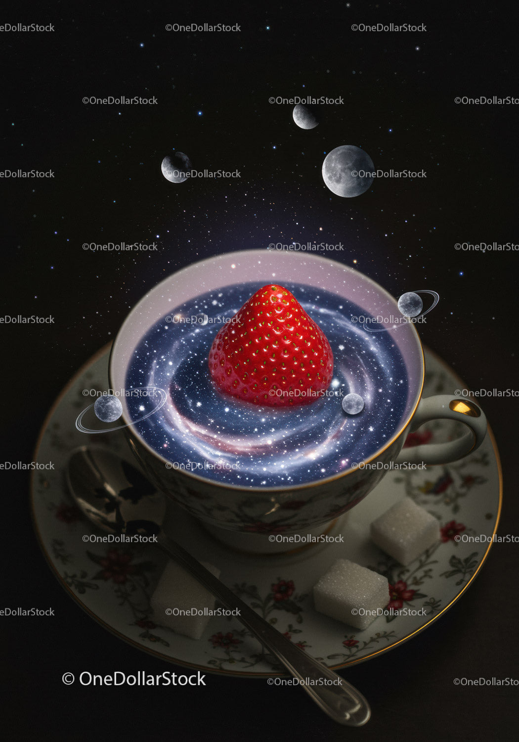 Strawberry in Cosmic Tea Cup with Galaxy Swirls