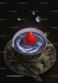 Strawberry in Cosmic Tea Cup with Galaxy Swirls