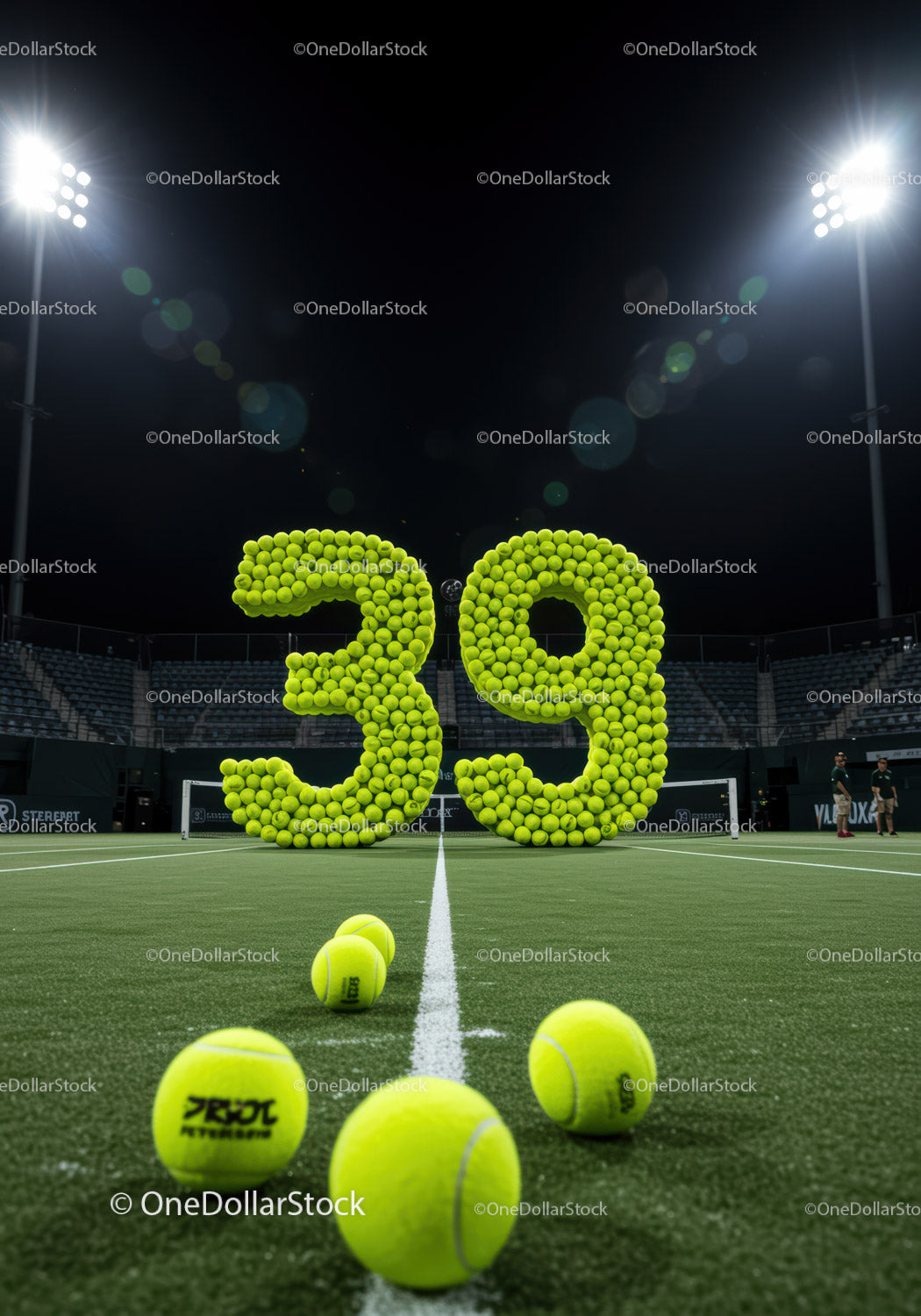 Tennis balls arranged into number thirty nine on court