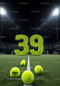 Tennis balls arranged into number thirty nine on court