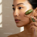 Close-Up of an Asian Woman Using a Jade Roller on Her Face for Skincare