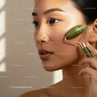 Close-Up of an Asian Woman Using a Jade Roller on Her Face for Skincare