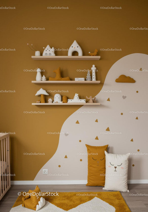 Whimsical Kids Room with Animal Pillows and Wall Shelves
