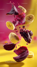Dynamic Explosion of Sliced Bananas and Pomegranate Seeds in Motion