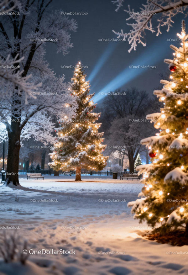 Festive Christmas Trees Illuminated in Snowy Park at Night