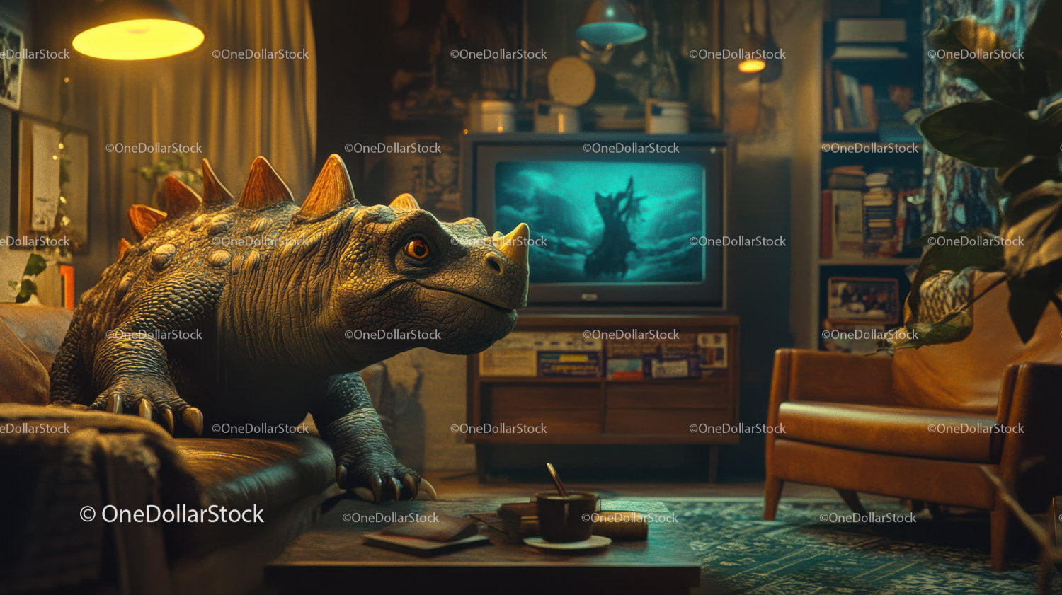 Toy Dinosaur in Cozy Living Room with Vintage TV and Modern Decor