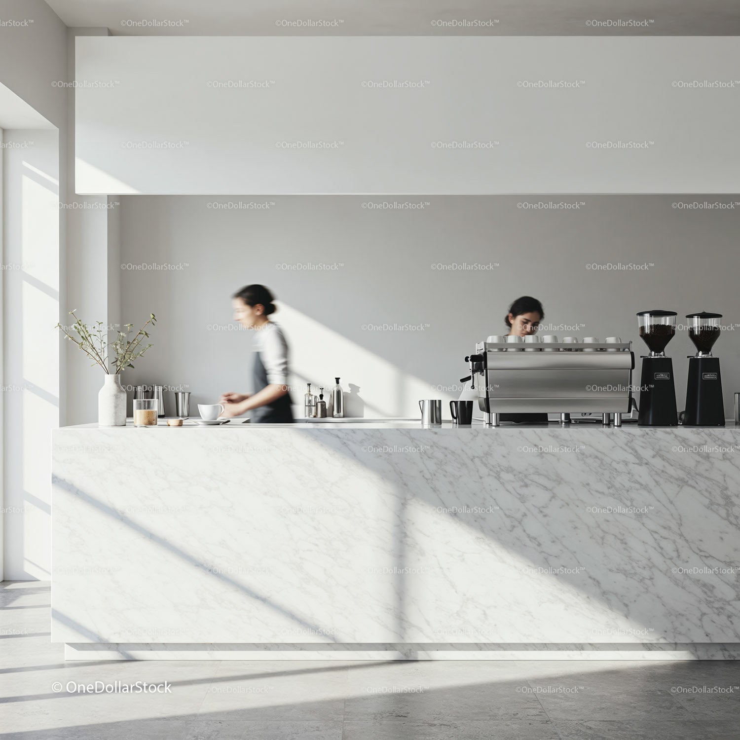 Minimalist cafe barista preparing coffee in bright space