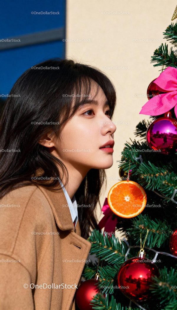 Young woman admiring festive Christmas tree decorations
