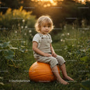 Young child sitting on large pumpkin in garden field