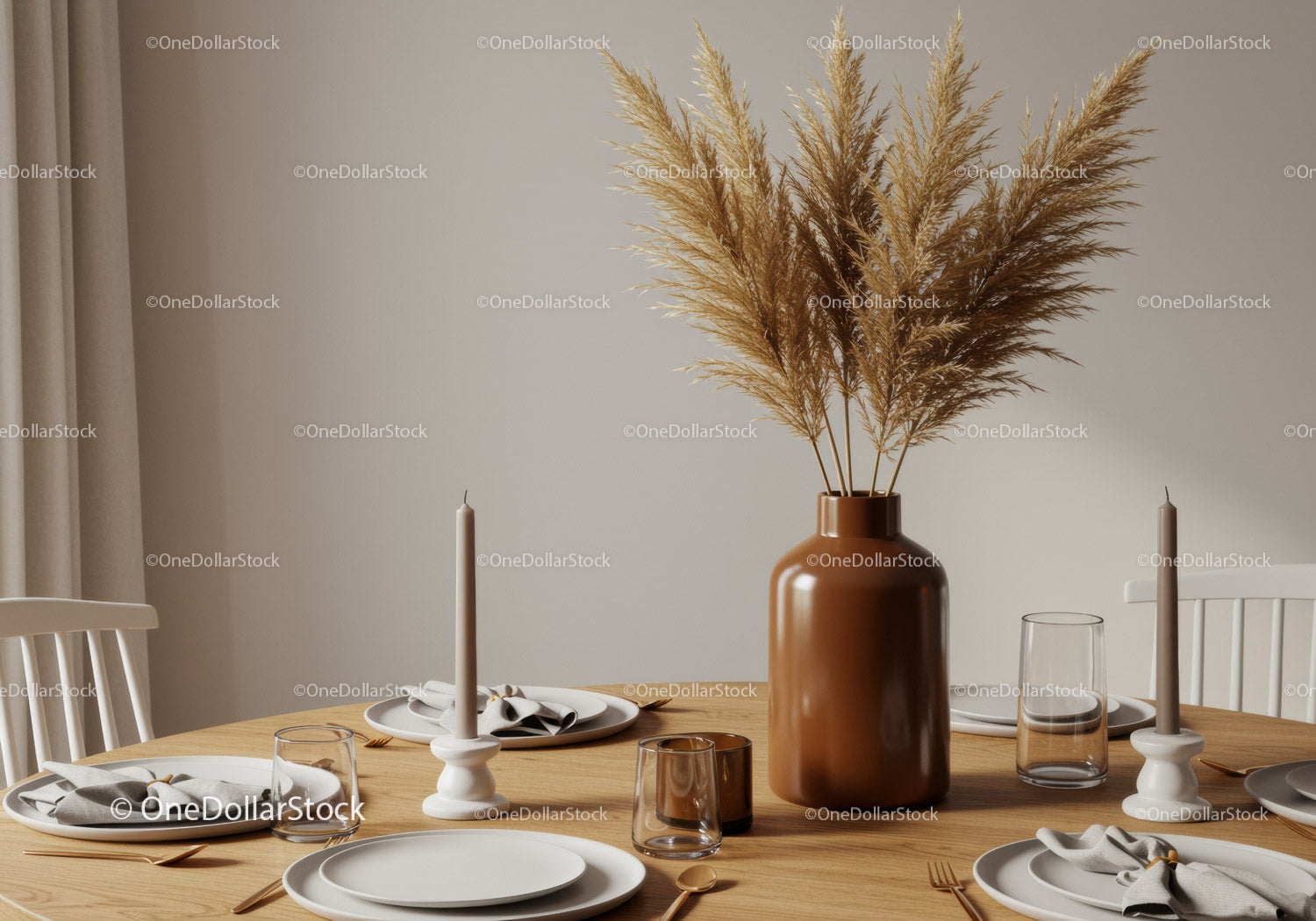 Elegant Modern Dining Table Decor with Pampas Grass and Candles