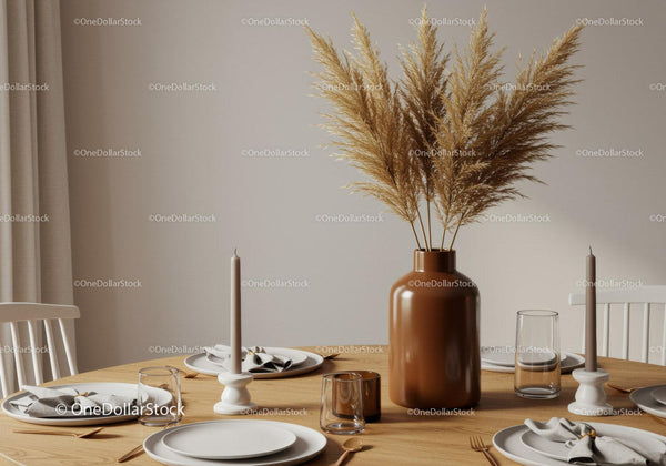 Elegant Modern Dining Table Decor with Pampas Grass and Candles