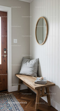 Minimalist Entryway Bench with Round Mirror and Cozy Decor