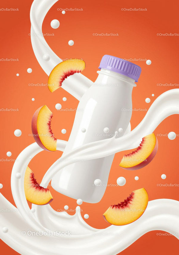 Peach flavored yogurt bottle with fresh fruit and splash JPG Mockup Image