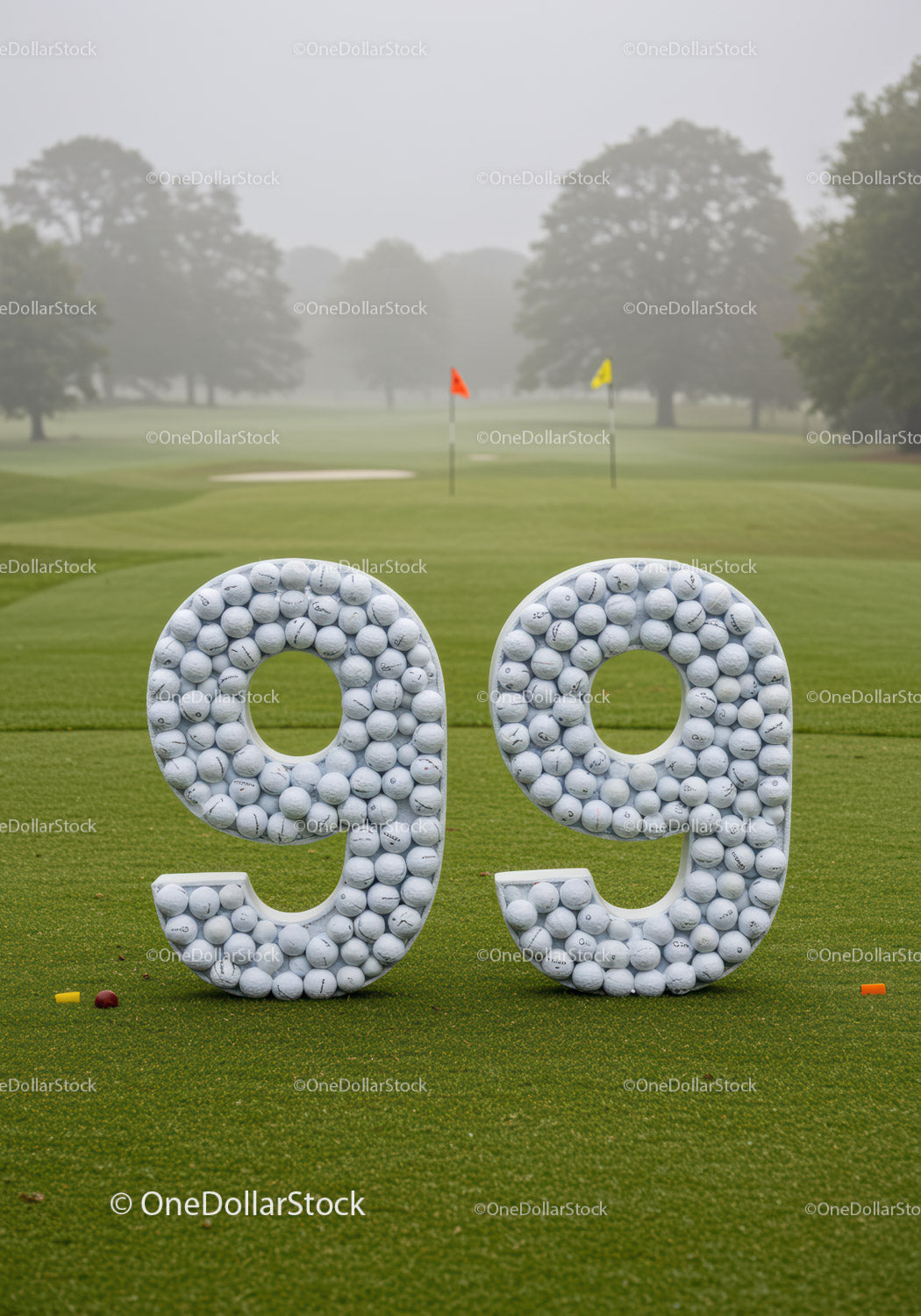 Large number ninety nine made of golf balls on course