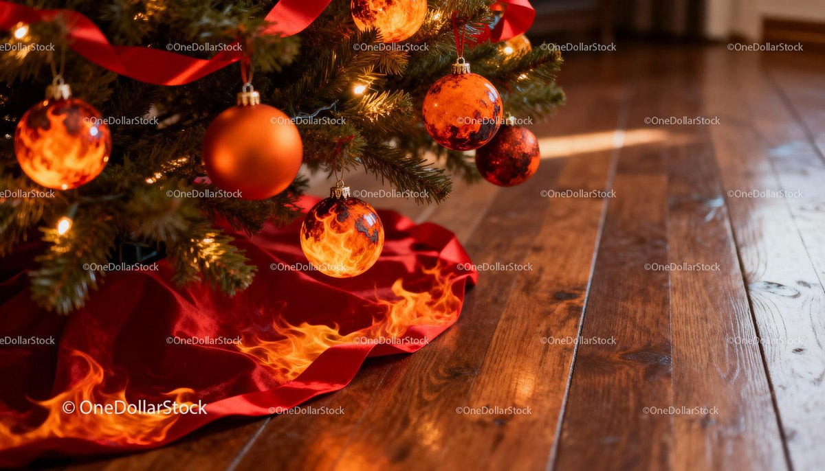 Close-up of Christmas tree with fiery orange ornaments