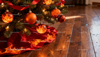 Close-up of Christmas tree with fiery orange ornaments