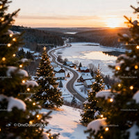 Winter village road winding by frozen lake at sunset