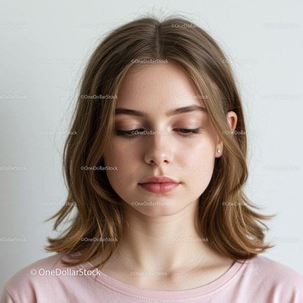 Young Woman with Soft Makeup and Elegant Expression in Studio