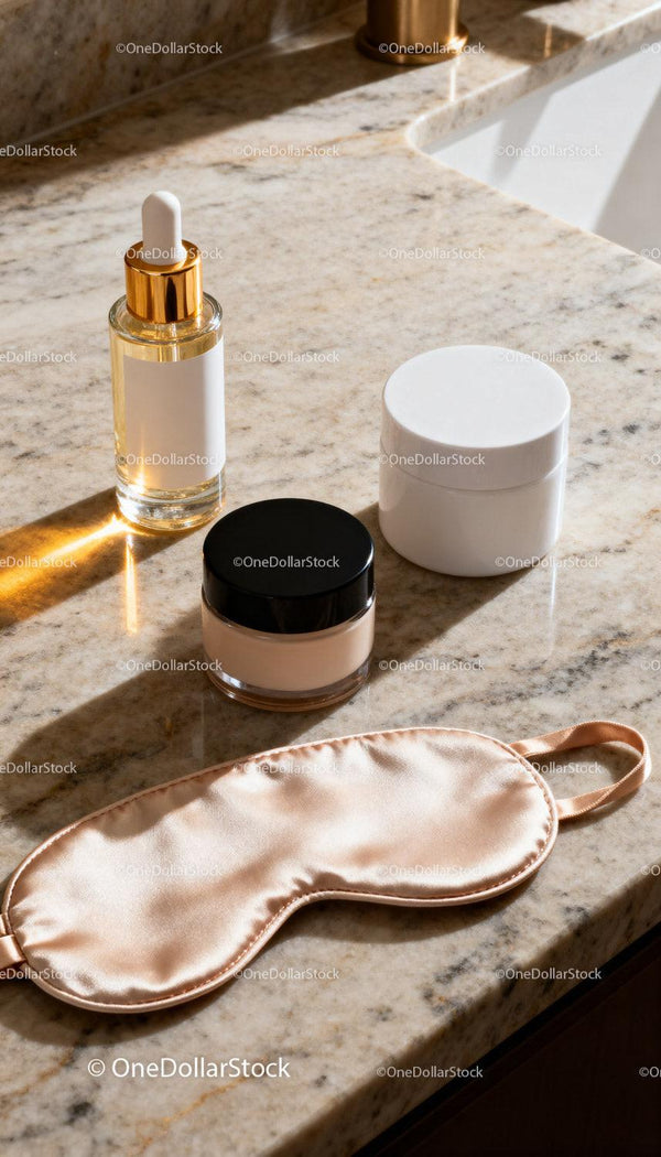 Skincare Essentials with Silk Sleep Mask on Marble Surface