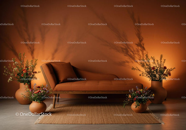 Minimalist terracotta lounge sofa with floral decor