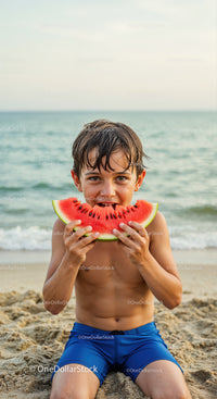 Happy Boy Enjoying Juicy Watermelon at Beach in Summer
