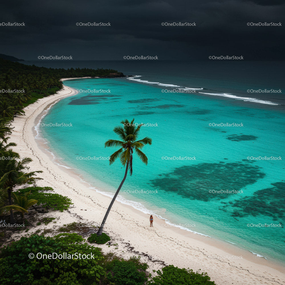 Serene Tropical Beach with Palm Tree and Turquoise Waters