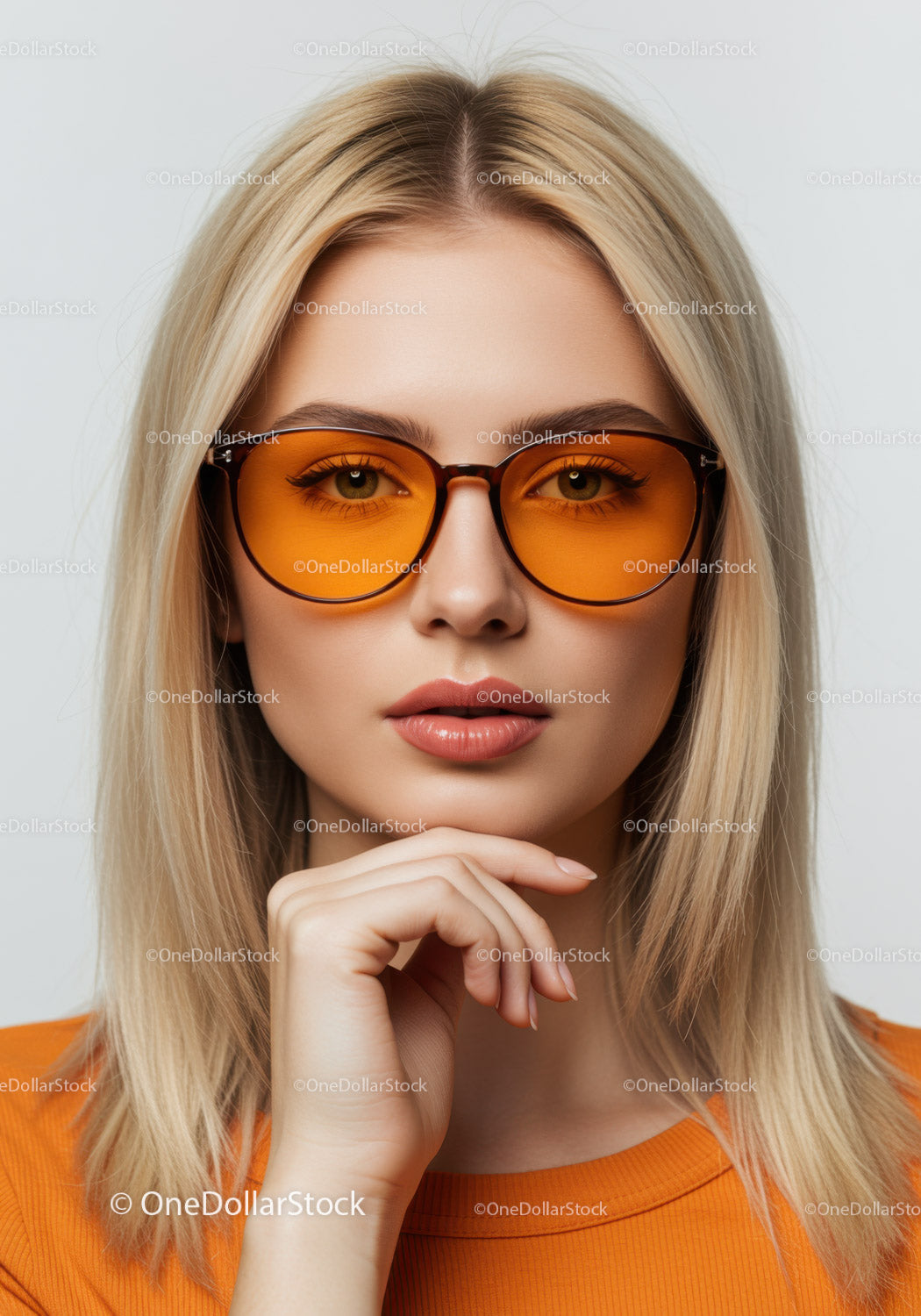 Stylowa blondynka w pomarańczowych okularach przeciwsłonecznych i z jaskrawoczerwoną szminką
