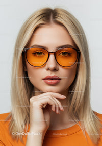 Stylish Blonde Woman Wearing Orange Sunglasses with Bright Red Lipstick