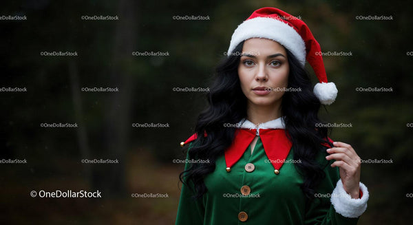Young woman in festive elf costume outdoors